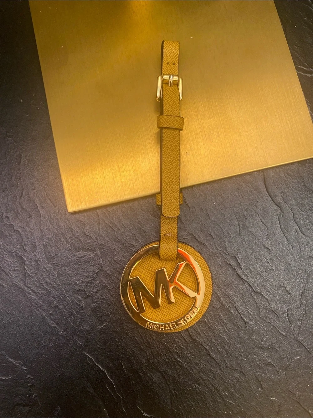 Michael Kors Tan/Brown MK Round Luggage Tag with Gold Accent